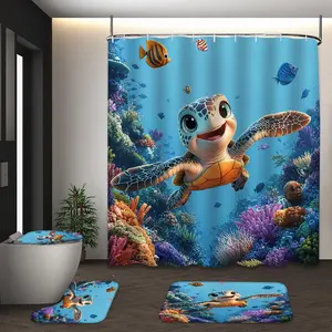 LVRLVR 4Pcs Cute Sea Turtle & Coral Reef Print Whimsical Ocean Multi-Color Shower Curtain Set 70.8×70.8 Inch