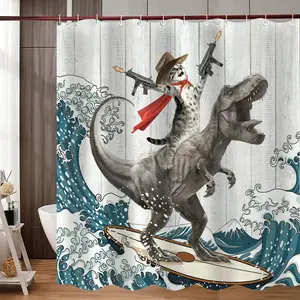 Dinosaur & Cat Pattern Removable Shower Curtain, Waterproof Bathroom Curtain with 12pcs Hooks, Bathroom Decor Supplies for Home, Hotel, Apartment, Dorm, Spa