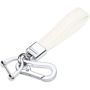 Genuine Leather Car Keychain,Universal Heavy Duty Metal Key Chain Accessories,Car Fob Key Keychain Holder with 360 Degree Rotatable Snap Swivel and Anti-Lost D-Ring for Men Women(White)