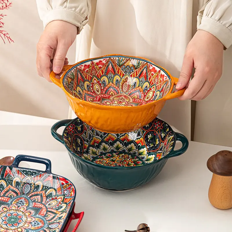 2 pcs 9-inch ceramic double ear soup bowls, Bohemian style, available in four colors, suitable for holding Easter eggs, perfect for Easter themed parties, microwave safe, dishwasher washable, Durable Kitchenware, Dinnerware