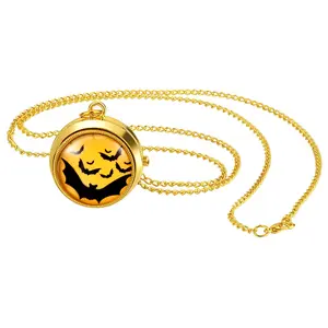 Unisex Gold Pocket Watch: Bat Pattern Rotating Decoration Arabic Numeral Dial Analog Quartz Necklace Watches for Halloween