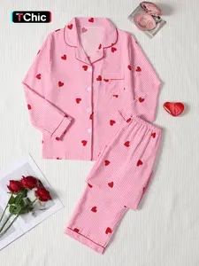 Valentine's Day Women's Sleepwear Set, Soft Bubble Pleated Heart Print Pajamas, Button Front Long Sleeve Top & Elastic Waist Pants, Casual Home Wear Pjs
