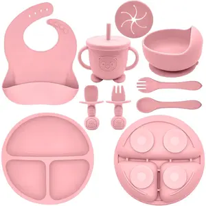 Silicone Baby Feeding Set |   Baby Led Weaning Supplies Includes Suction Bowls and Divided Plates, Adjustable Bib, Baby Utensils Spoons and Forks,Cup |   Baby Feeding Essentials (Pink)