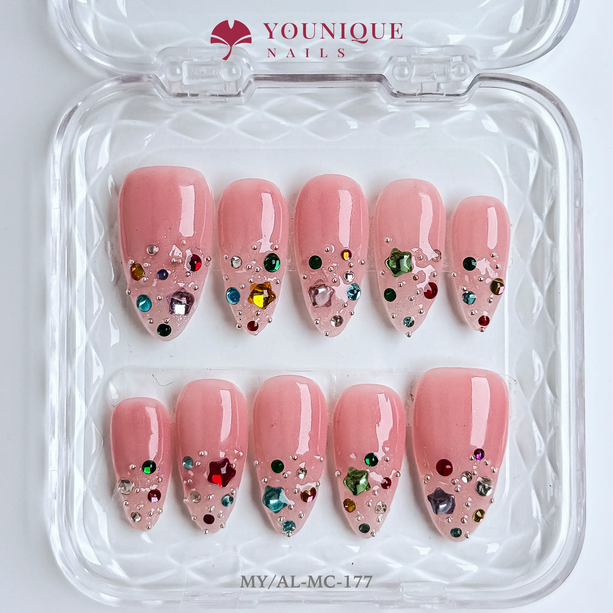 Younique Nails  | 10PCS 100% Handmade Press-On Nails | Reusable Colorful Art Glossy Design Acrylic Luxury Long Lasting 3D Stylish Office Wear Floral Embellished Rhinestone salon-quality