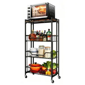 Heavy Duty 4-Tier Wooden Kitchen Storage Rack – Large Expandable Folding Organizer – Pre-Assembled Rolling Shelf with Lockable Wheels – Space-Saving, Mobile Utility Shelf for Pantry, Garage, Bathroom