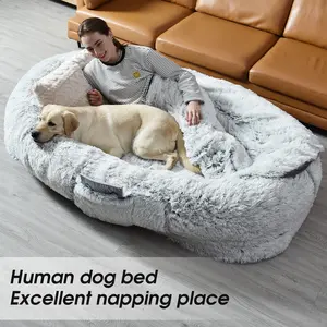 【anwick】Human Dog Bed, {180x114x30cm} Size Fits You and Pets, Washable Faux Fur Dog Bed for People Doze Off,lazy sofa beanbag  Napping Orthopedic Dog Bed, Present Plump Pillow, Blanket, Strap - Grey Storage Pocket Convenient Durable