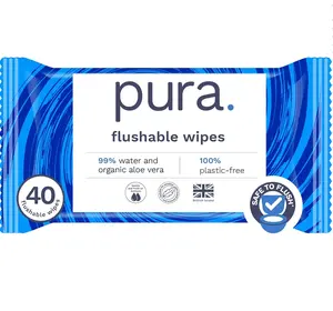 Pura Adult XL Flushable Unscented Wipes, 1 Pack of 40 Toilet Wipes Adult Wet Wipes, 99% Water & Aloe Vera, Personal Cleansing Wipes, Sensitive Skin