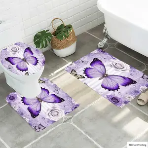 1/3Pcs Romantic with Butterflies and Roses in Purple Bathroom Mat Set, Flannel Non Slip Bath Rug, Toilet U-Shape Mat, Toilet Lid Cover, Thickened Soft Absorb Water, Microfiber Surface Memory Foam Cushion, Home