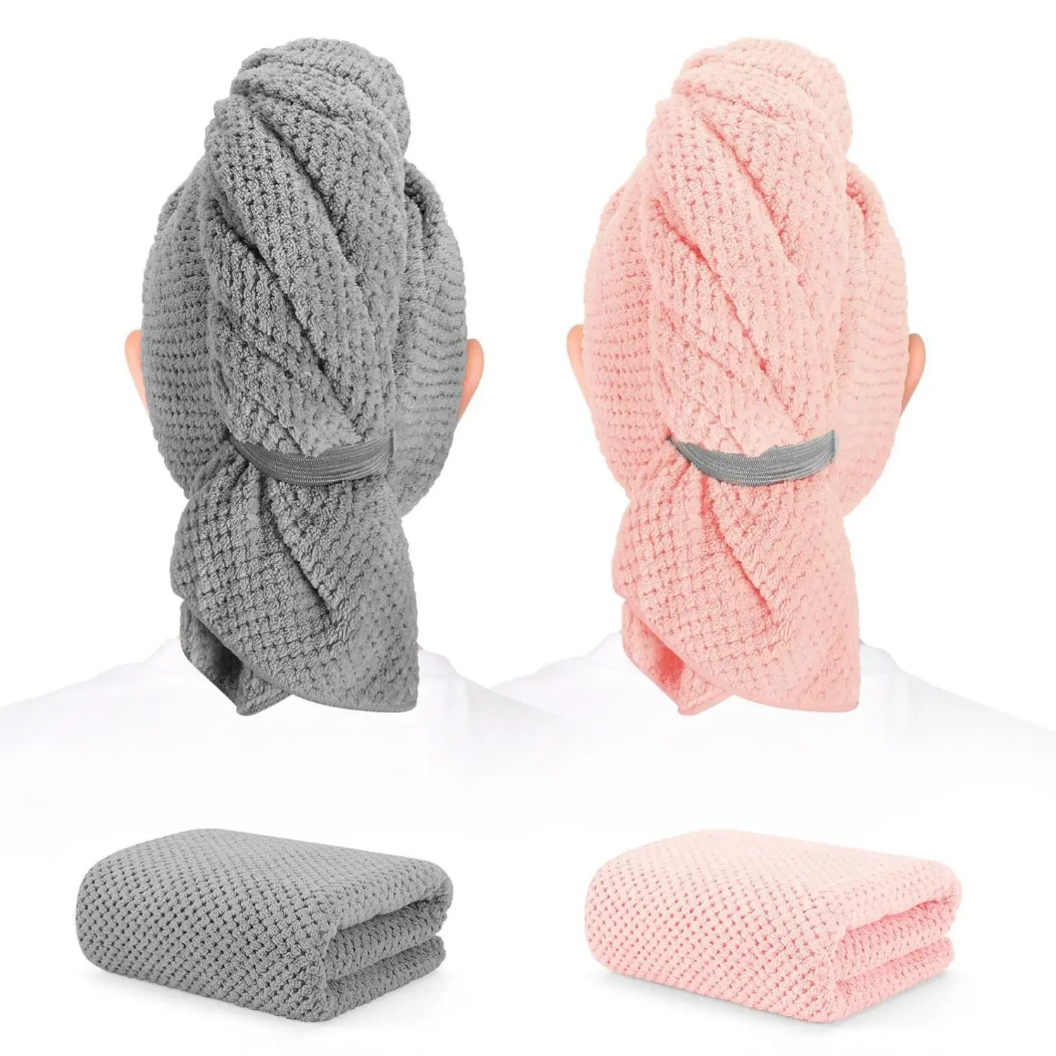 BEoffer 2-Pack Fluffy Microfiber Hair Towel Wraps - 41"x24", Lightweight, Fast-Dry, Super Absorbent, Machine Washable, Reusable for Long Thick Hair with Secure Elastic Strap, Maintains Healthy Curls