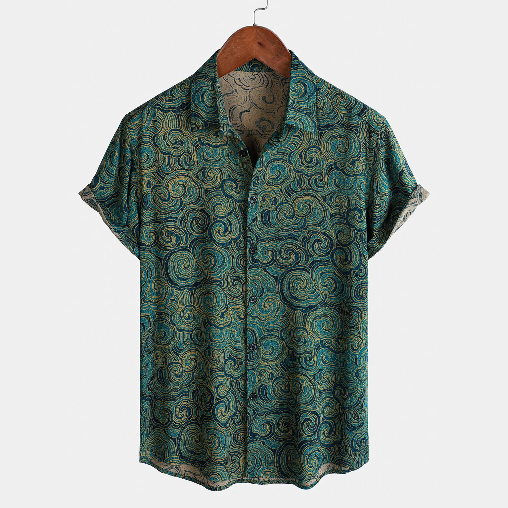 TIXMIE Men's Teal Green Wave Print Short-Sleeve Hawaiian Shirt - Button-Down Casual Shirt for Tropical Summer Beach Vacations, Hawaiian Shirts, Casual Shirts Shortsleeve