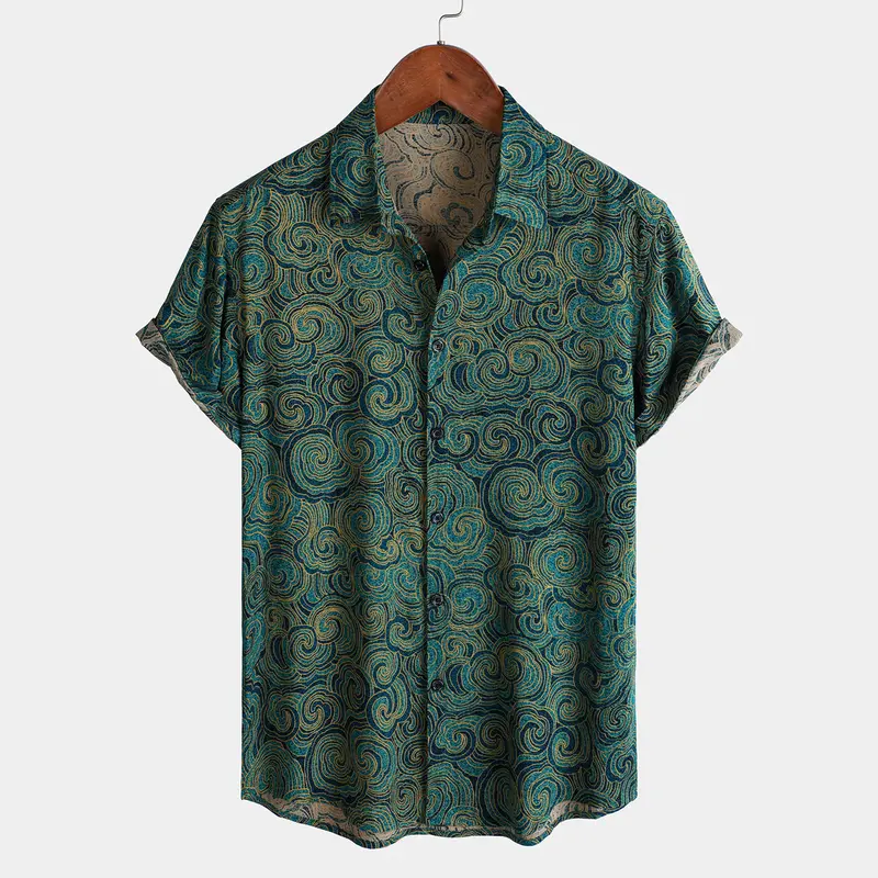 TIXMIE Men's Top - Teal Green Wave Print Short-Sleeve Button-Down Hawaiian Shirt, Deep Navy Draped Casual Top for Tropical Summer Beach Vacations, Evening, Party