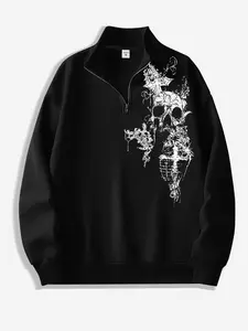 Dark Gothic Skull Cross Print Short Zipper Pullover, High Street Loose Casual Top, Spring & Fall Fitted Plain Style