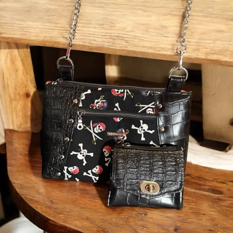 Skull Crossbdy and Demi Wallet - Black Crocodile-Themed Wallet with Skull and Crossbones Pattern, Adjustable Chain Strap
