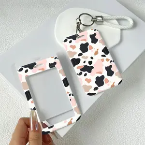 Pastel Cow Print Pattern Durable Plastic ID Badge Holder with Lanyard Slide Design for Cards Transparent Window Compatible with Credit, Metro, Bus Cards-Nurse, Doctor, Student Accessory