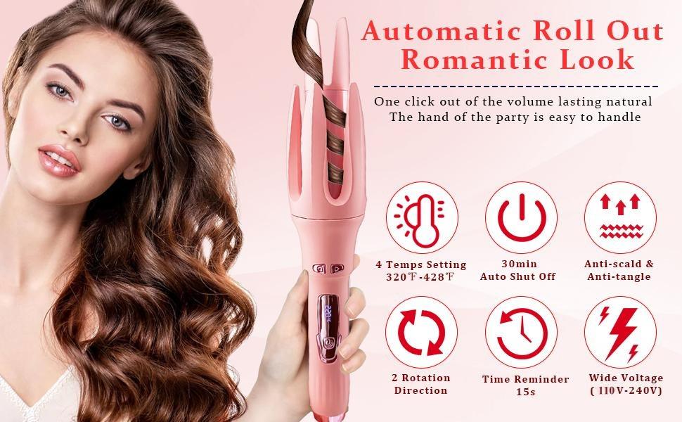 Air T3 Automatic Hair Curler - Heated Curler Beauty Product, 4 Temperature Settings, Dual Voltage Rotating Design, 1.25in Fast Heating, Auto Shut-Off, Suitable for Professional Curly Hair Styling for Bouncy & Easy Curls, Bouncy Curls, Perfect Curls, Autom