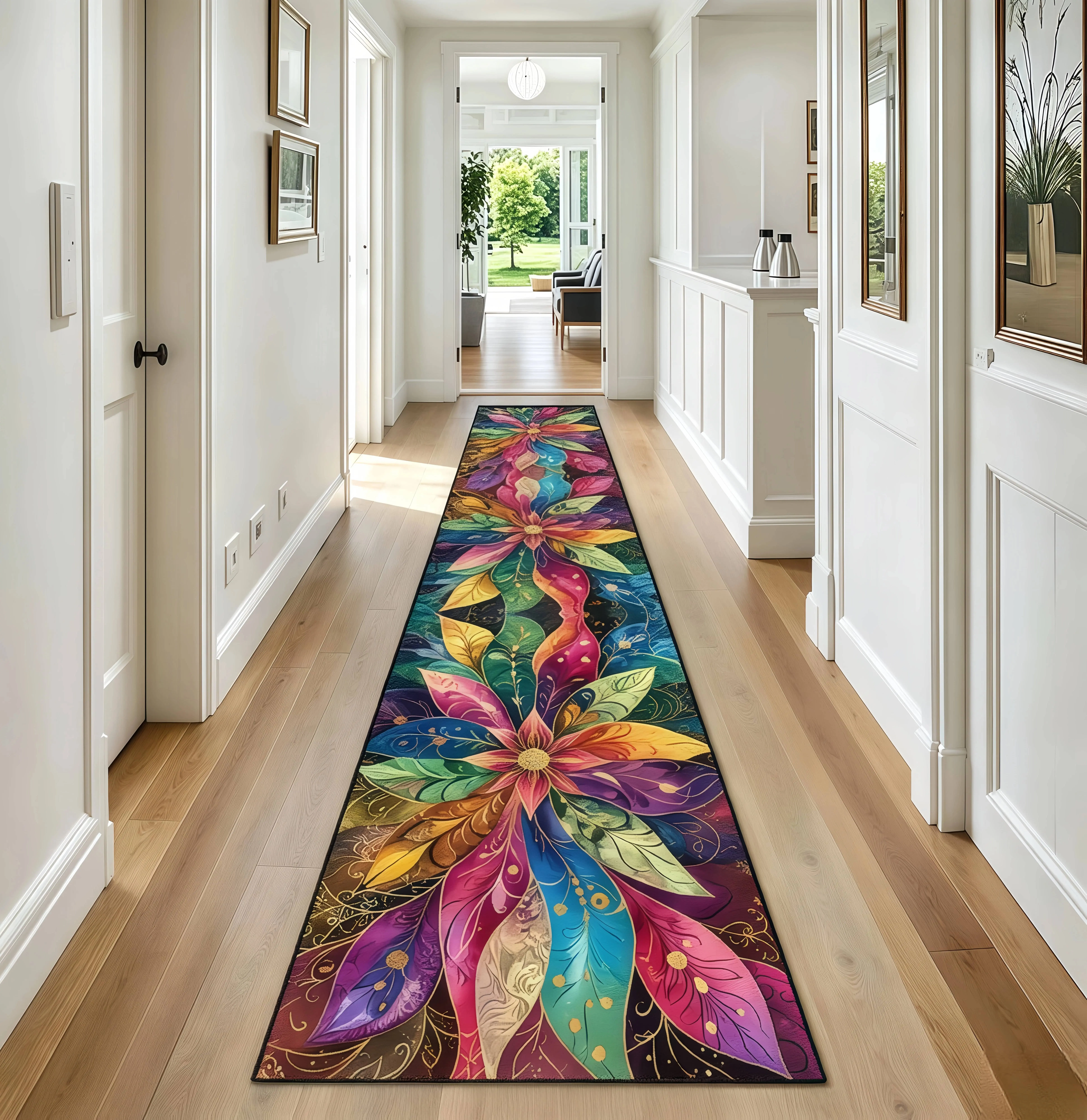 Large Floral Velvet Runner Rug, Non-Slip Machine Washable Decor Floor Mat for Hotel Entrance, Kitchen, Hallway, Patio Picnic & Camping, Indoor Outdoor Universal Carpet, 2 Sizes 1.65’×8.25’ / 1.65’×11.55’