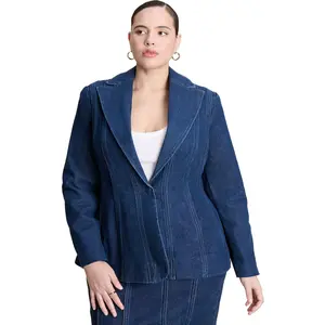 ELOQUII Women's Plus Size Seamed Denim Peplum Blazer