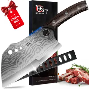 【TikTokShopSpringGlowUp】SYOKAMI 7.7 Inch Meat Cleaver Chef Knife with Sheath, Multifunction Butcher Knife with Herb Stripper, Chopping Knife Heavy Duty Bone Cutting, Damascus Pattern Full Tang Wood Handle, Christmas, Mother's Day Gifts