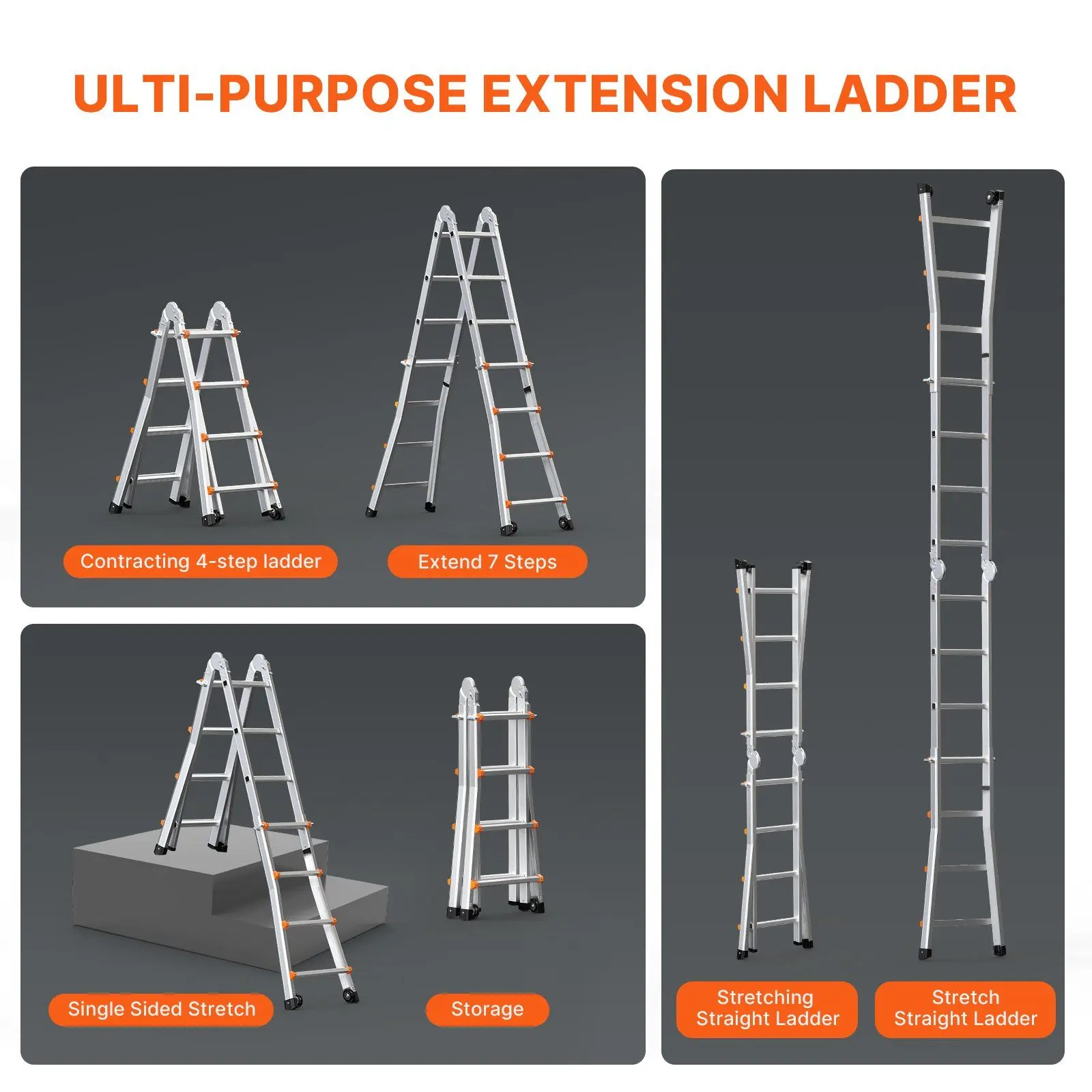 VEVOR 13 FT Aluminum Alloy Telescoping A-Frame Ladder - Portable Step Ladder with Hinge Design, No Assembly Required, Safe for Home & Different Scenarios Use
