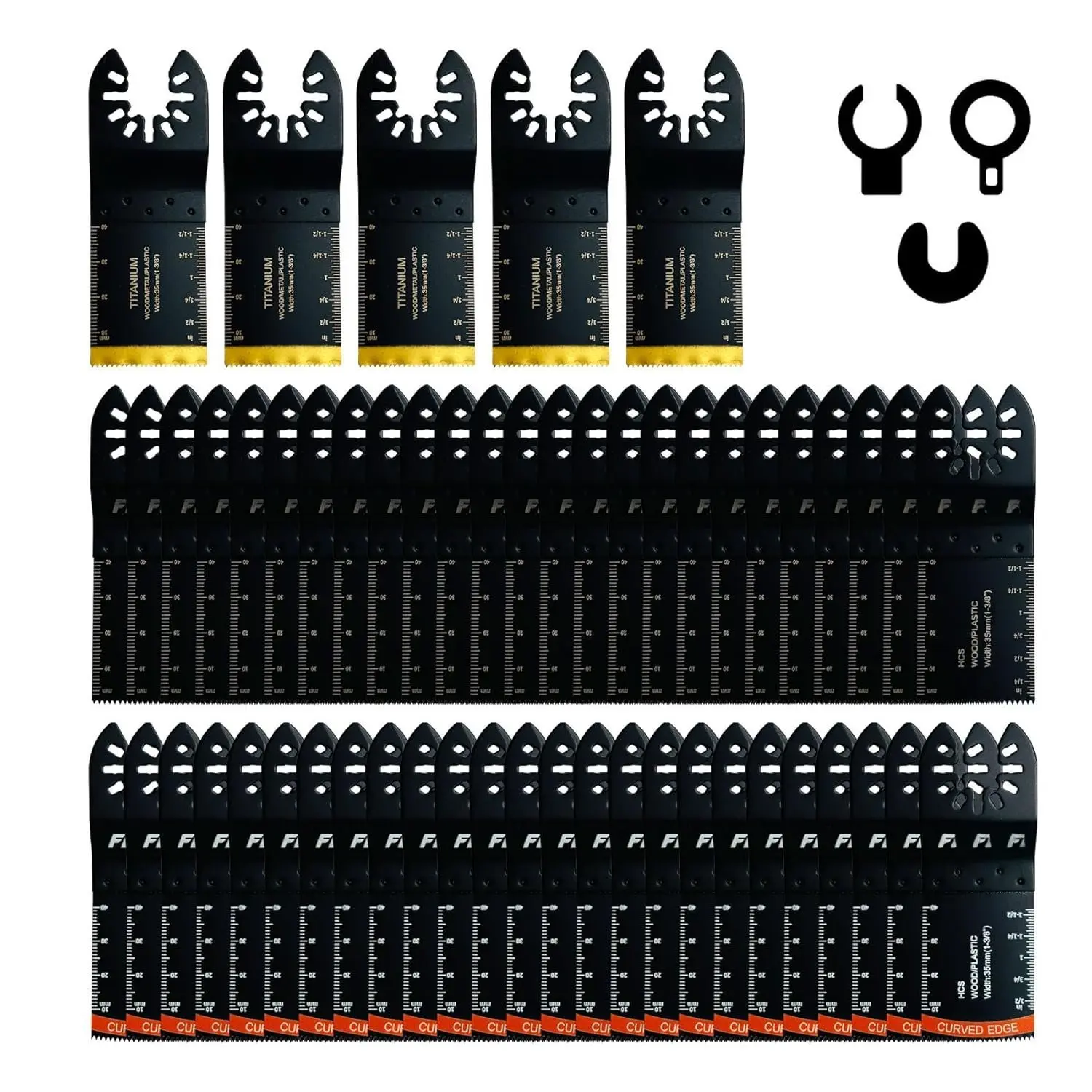 55-Count Universal Titanium Oscillating Tool Blades with Length Markings, Precision Serrration Design, 3 Curved Edge HCS, for Construction Hard Materials, Metal, Plastic, Nails, Fits Most Oscillating Tools