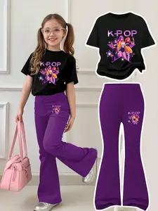 Trendy Flash Lettering Pants Set, Deep Bell Bottoms with Mini Girl Group Pattern, Cute K-Pop Style for Girls Ages 4-12