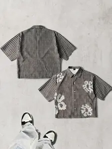 Men’s Brown & White Gingham Floral Print Short Sleeve Shirt, Oversized Streetwear Button-Up with bleached flower graphics, cropped fit, perfect for casual outings, vintage-inspired looks, and everyday streetwear with a fresh, preppy vibe. #Streetwear #Gin
