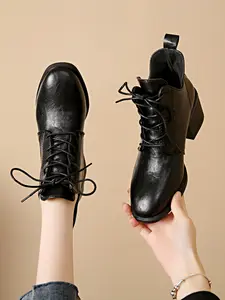 Comfortable Chunky Heel Wide Fit British Style Skinny Lace-Up Thick Rubber Sole Mid-Calf Boots for Women, Outdoor Versatile Wide Width Short Boots