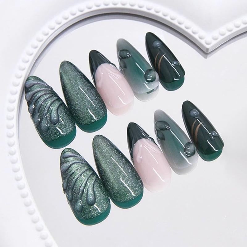 10Pcs 3D Green Ripple Design False Nails Cat's Eye French Almond Fake Nail Tips Leaves Pattern Removable Oval Press on Nails ABS Material Ballerina Style Easy to Use
