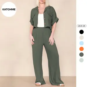 KatchMe Women's Plain Collared Neck Partial Button Short Sleeve Baggy Wide Leg Jumpsuit With Matching Belt,Multi-Pocket Romper,Holiday Womenswear