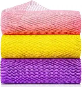 African Net Bath Sponge 3-Piece Set Yellow Pink Purple Exfoliating Scrubbing Long Net Rag for Efficient Cleansing Quick-Drying 31.5x11.8 Inches Premium Nylon