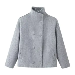 Stand up collar double breasted short woolen jacket