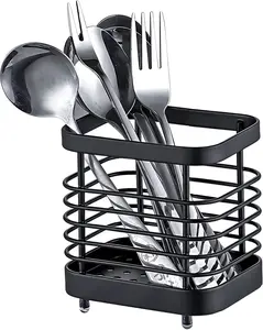 Kitchen Sink Utensil Holder of Drying Rack, Small Stainless Steel Cutlery Drainer Caddy,Spoon and fork organizer (Black)