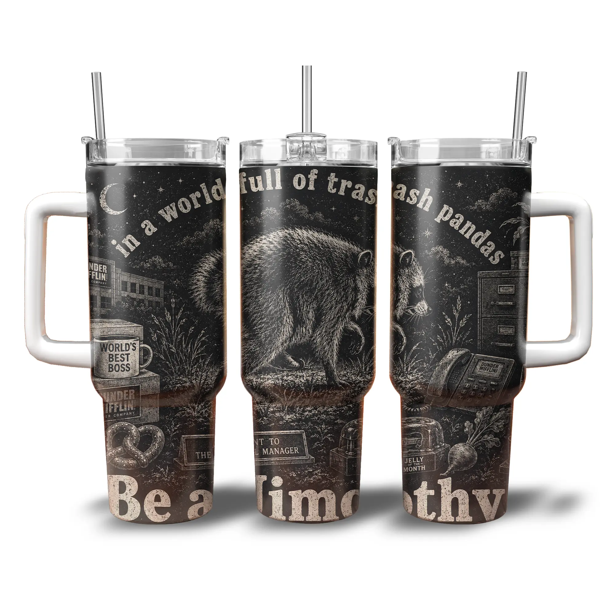In A World Full Of Trash Pandas Be A Jimothy Tumbler | The Office Meme Mashup 20oz/40oz Cup | Funny Raccoon Coworker Gift
