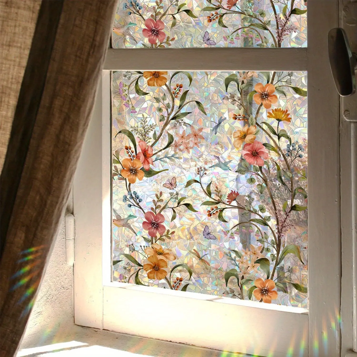 1 Roll Stained Glass Window Film, Colorful Floral Flowers Flower Design Privacy Films, Rainbow Light Glass Decals Stickers, Decorative Window Accessories