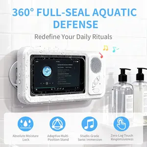 3-in-1 Waterproof Shower Smartphone Holder with Bluetooth Speaker, 360° Rotating Anti-Fog Touch Screen – Watch Videos, Music & Hands-Free Calls in Bathroom/Kitchen/Pool