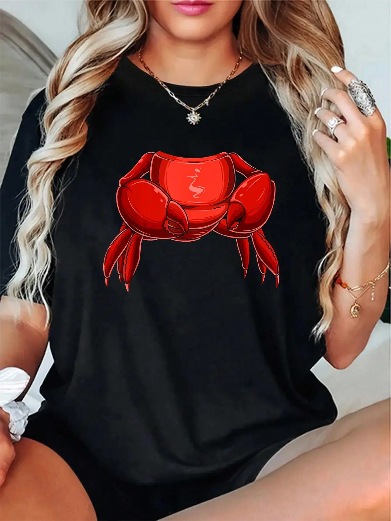 100% Cotton Unisex Easy Crab Costume Crab Body Headless Crab Costume T-Shirt，Autumn women's short-sleeved, Thanksgiving and Halloween maple leaf pattern T-shirt
