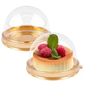 50 Pack Mini Cake Containers, Clear Plastic Small Cupcake Boxes with Dome Lids for Individual Chocolate Covered Cookies, Strawberry, Mooncake (Gold)