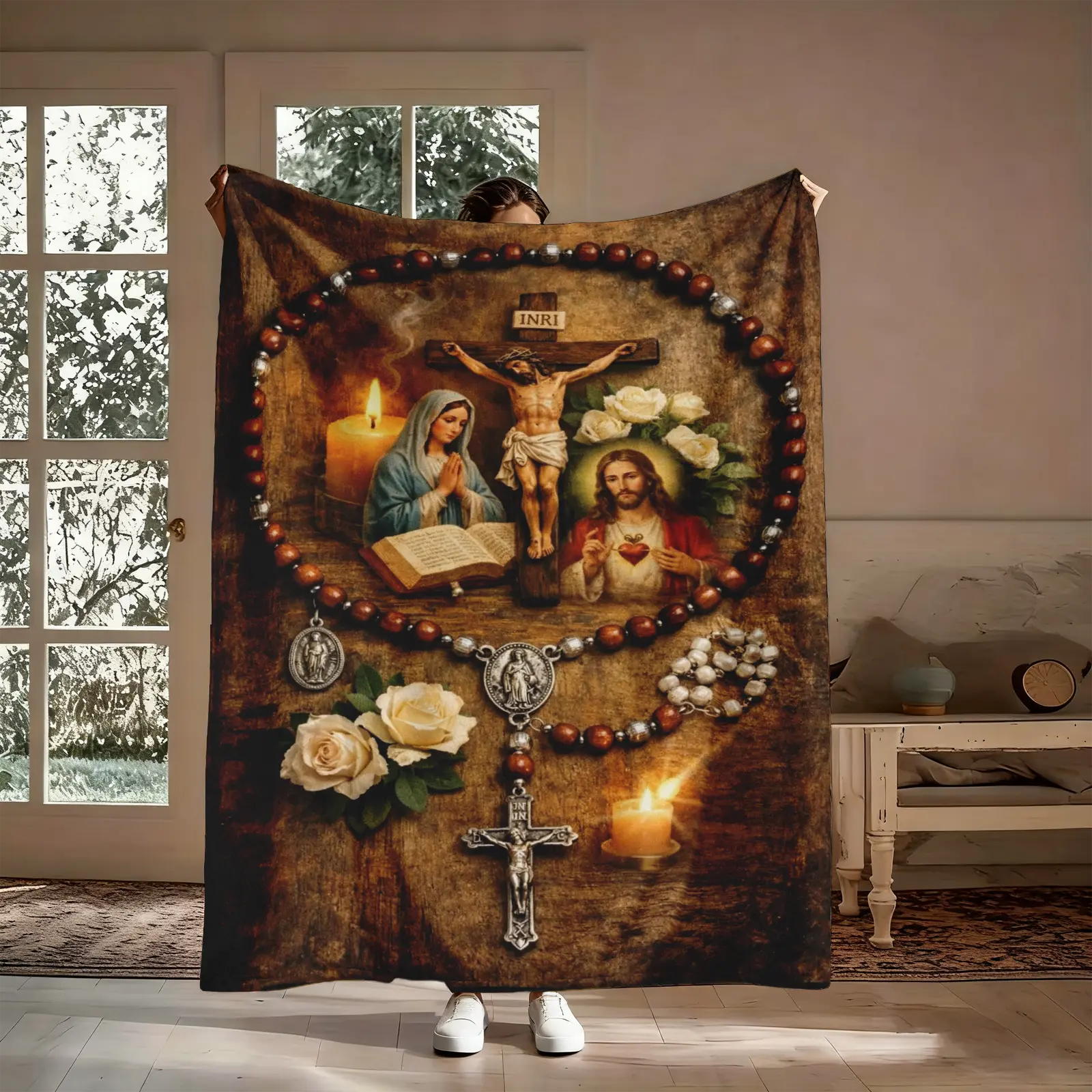 【Summer Sale Deals】Catholic Embroidered Cross Rose Flannel Fabric Throw Blanket - Breathable, Wrinkle Resistant, Biblical Theme, Mary & Jesus Image, Rosary Crucifix Sacred Heart, Multi-Size, Cozy for Couch/Bed, Baptism Gift for Christian Faith Enthusiasts