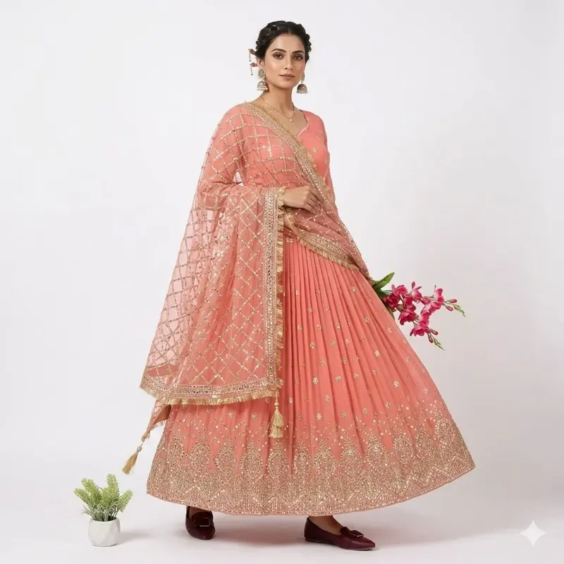 Traditional Indian Kurta Dress for Women, Peach Long Sleeve Maxi with Intricate Embroidery, Original