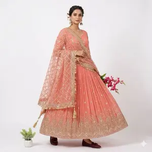Long Peach Indian Kurta with Intricate Embroidery for Traditional Elegance Womenswear Dress Maxi