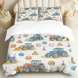 3PCS Duvet Cover Set, 1 Duvet+2 Pillowcases(Without filler), Tractor Construction Traffic Zone theme, No Festival bedding set,  Room Bedding Suitable for decoration Bedroom Living Room Guest Room Dorm