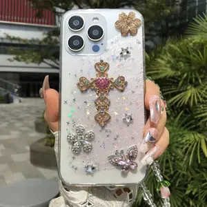 Rhinestone Decor Phone Case with Chain, Flower & Butterfly Decor Phone Protective Cover, Phone Accessories Compatible with iPhone 16 15 14 13 12 11 Pro Max