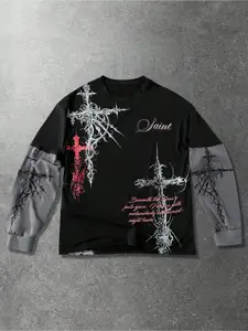 Men's Gothic Vintage Cross Graphic Print Fitted Long Sleeve T-Shirt, Streetwear Hip Hop Youth Fashion, Casual Outdoor Simple Stylish Tee, Casual Fashionable, Menswear