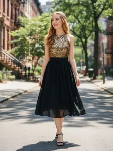 Black 1950s Gold Glitter Patchwork Dress