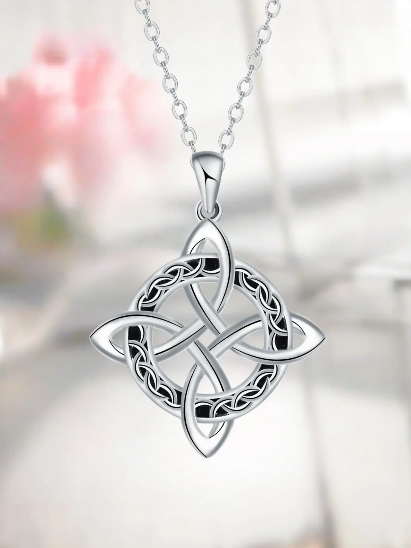 Celtic Knot Pendant Necklace, Statement Necklace, Dual-Tone (Silver + Black Enamel), Woven Design, Clavicle Chain | Perfect Mother's Day/Valentine's Exquisite Jewelry Gift Love Knot Necklace