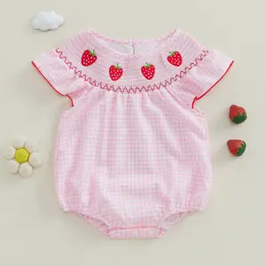 Newborn Baby Girl Romper Strawberry Embroidery Peter Pan Collar Fly Sleeve Bubble Bodysuit Summer Clothes