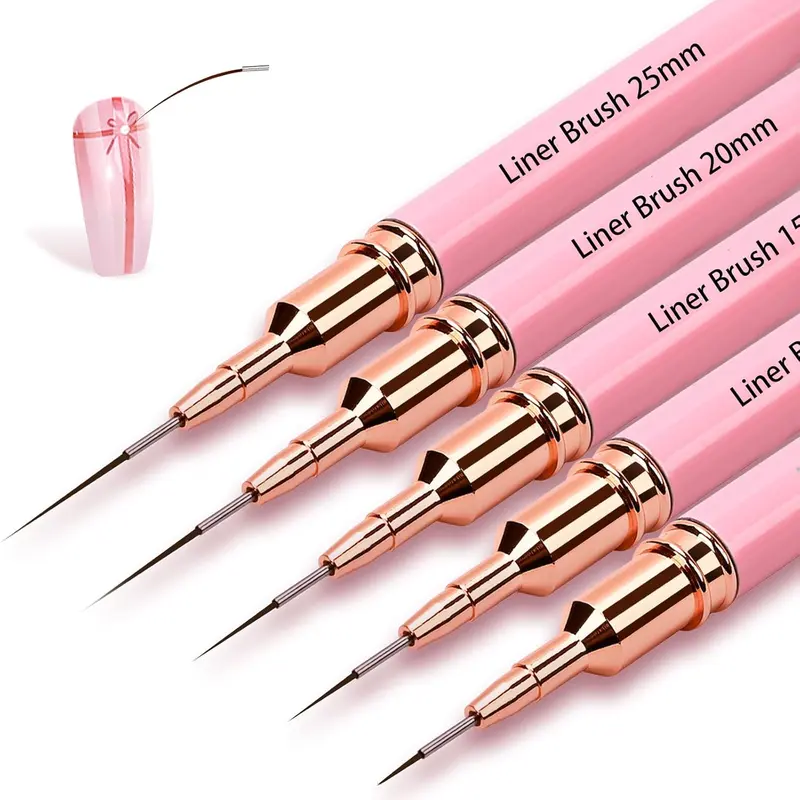 5Pcs Multi-Size Smooth Fine Tip Nail Art Liner Brush Set - Nail Tech Supplies, Gel/Acrylic Ready, Striping, French, UV Salon Care Tools (5/9/13/20/25mm) for Geometric Designs, Manicure, Clean Easily