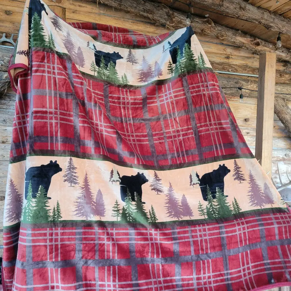 Bear Rustic Cabin Moose Blanket Soft Flannel FLEECE BORREGO Farmhouse Throw Blanket Gifts For Adults Cozy Blanket For Red Black Check Farmhouse Art All Season  Bed Home Decor KING SIZE