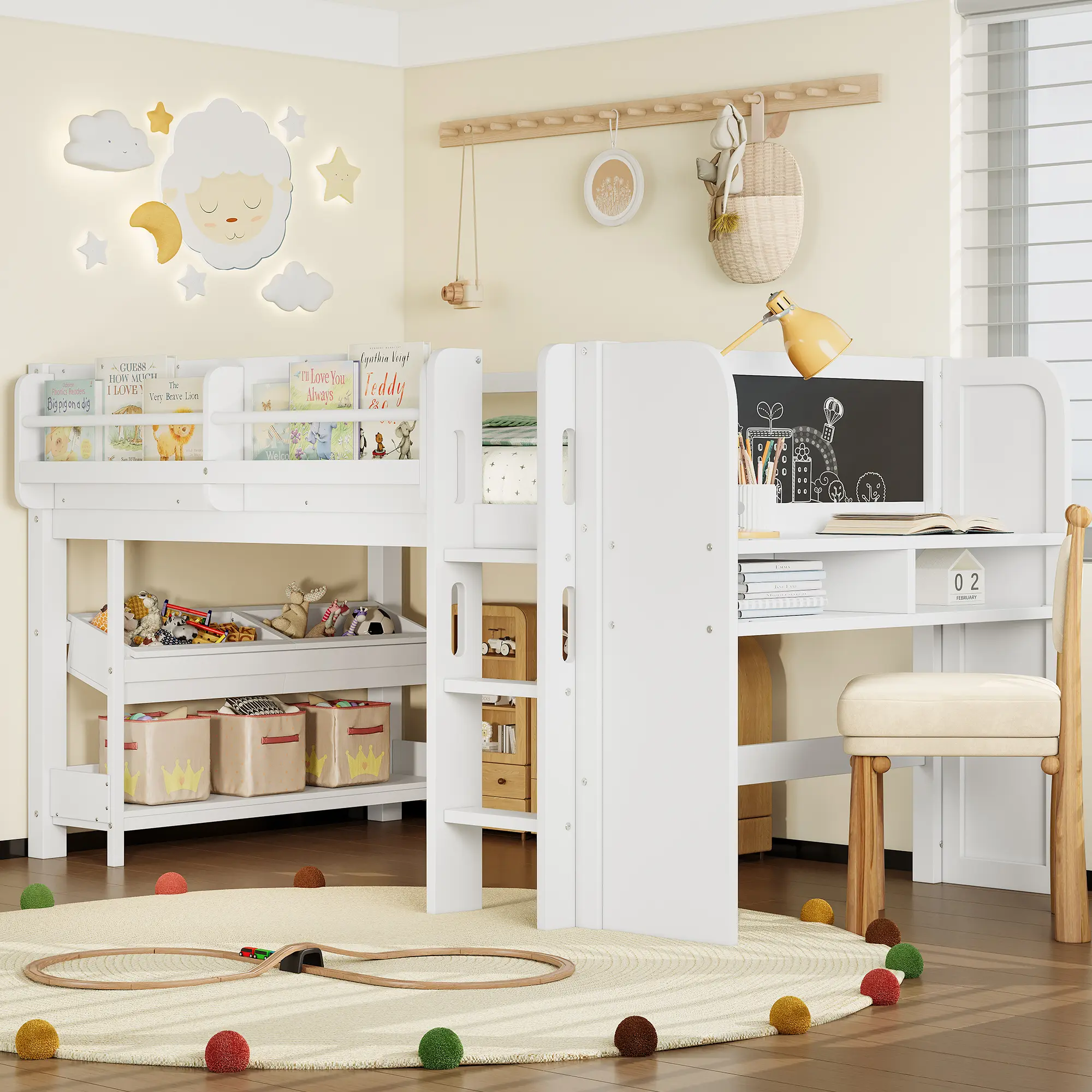 Twin Size Solid Wood Low Loft Bed with Desk, Blackboard, Bookcases, Storage Boxes and Drawers, Multi-Storage Kids Bed Frame, No Box Spring Needed, White Finish for Children's Bedroom Organization, Bedroom Furniture for Bedroom, Guest Room