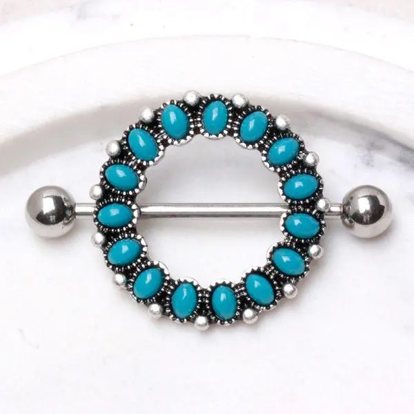 1 Inch 316L Stainless Steel Hypoallergenic Body Jewellery, Antique Turquoise Oval Beads Nipple Shield, Nipple Rings